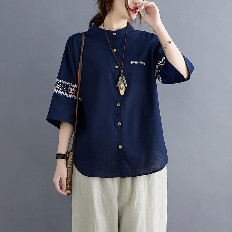 Cotton Casual Shirts New Arrival 2021 Women Summer Vintage Style Embroidery Stand Collar Loose Female Half Sleeve Tops
Cotton Casual Shirts New Arrival 2021 Women Summer Vintage Style Embroidery Stand Collar Loose Female Half Sleeve Tops