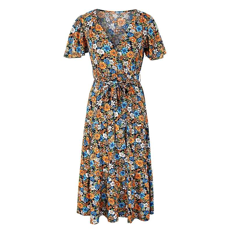 Summer Women Print Short Sleeve Dress Retro Floral High Waist V-neck Casual Loose Sexy Holiday Party Ladies Dress 
Summer Women Print Short Sleeve Dress Retro Floral High Waist V-neck Casual Loose Sexy Holiday Party Ladies Dress