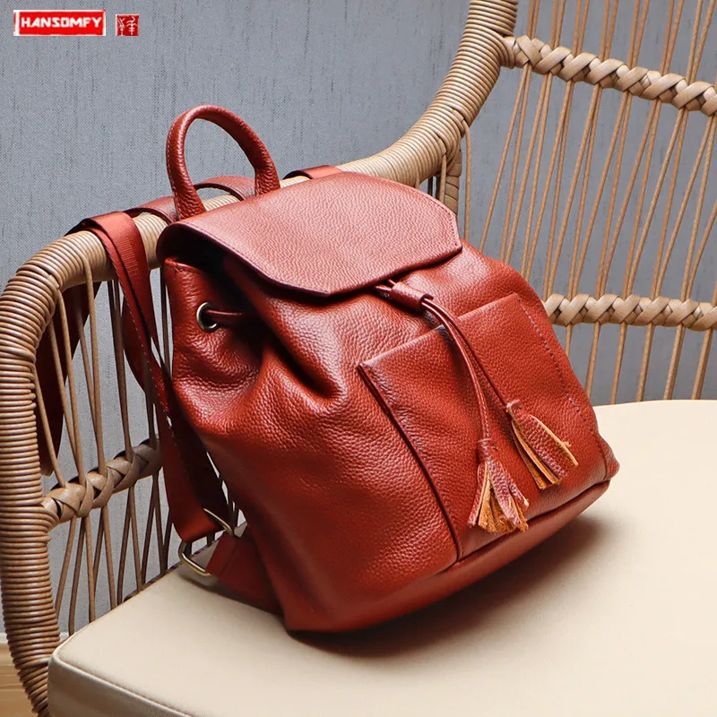 Handmade first layer cowhide leather Women backpack soft leather retro tassel drawstring buckle small backpacks new female bag
Handmade first layer cowhide leather Women backpack soft leather retro tassel drawstring buckle small backpacks new female bag