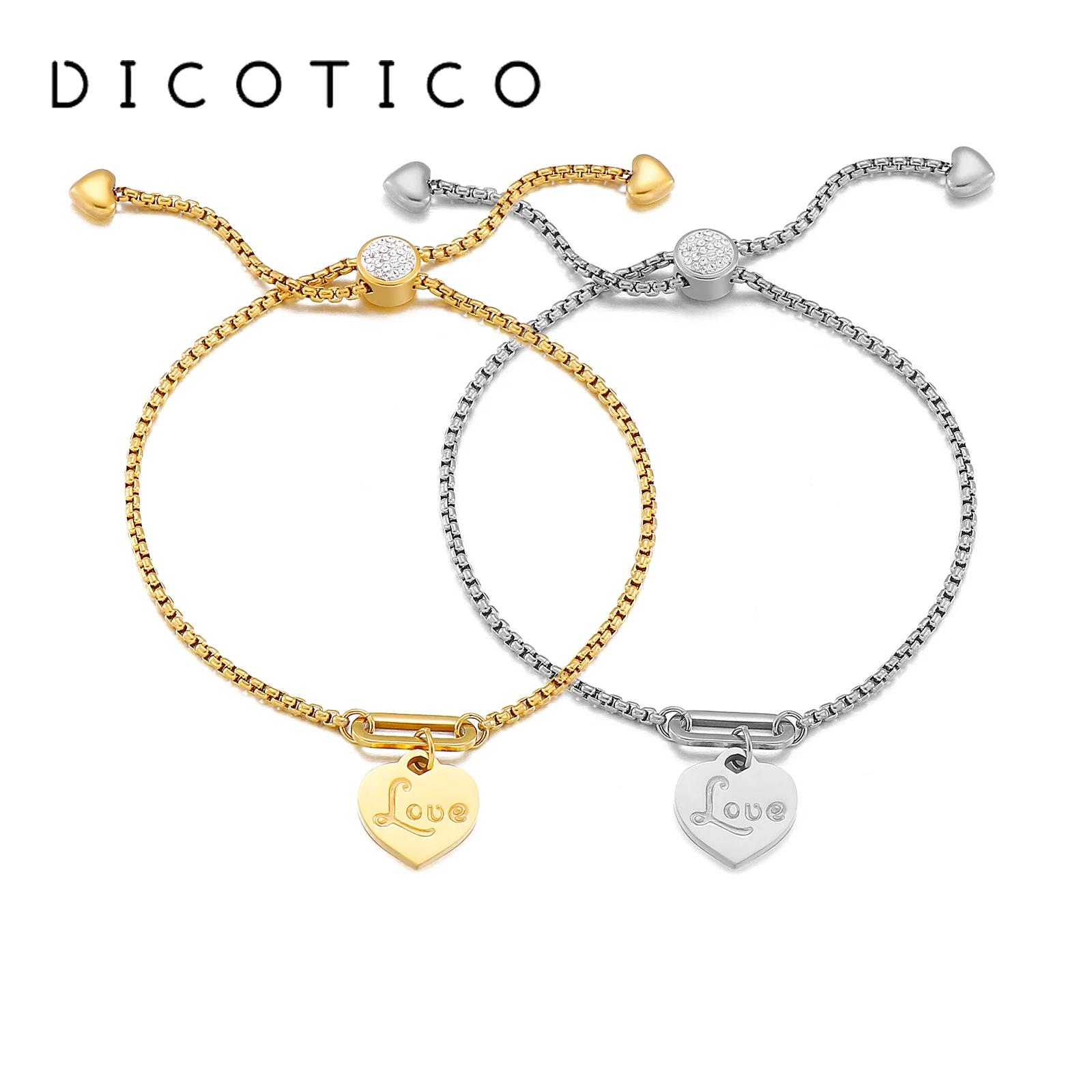 

DICOTICO Heart Rhineston Stainless Steel Charm Bracelets For Women Fashion Multiple Styles Pearl Chain Wristband Wedding Bangles