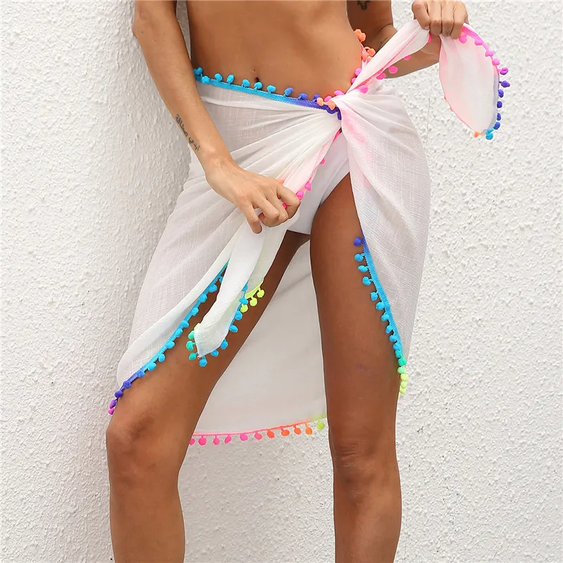 

Women Tassels Bikinis Wraps Skirts Summer One Piece Solid Bandage Bathing Beachwear Cover Ups Femme Swimsuits Scarf Pareos