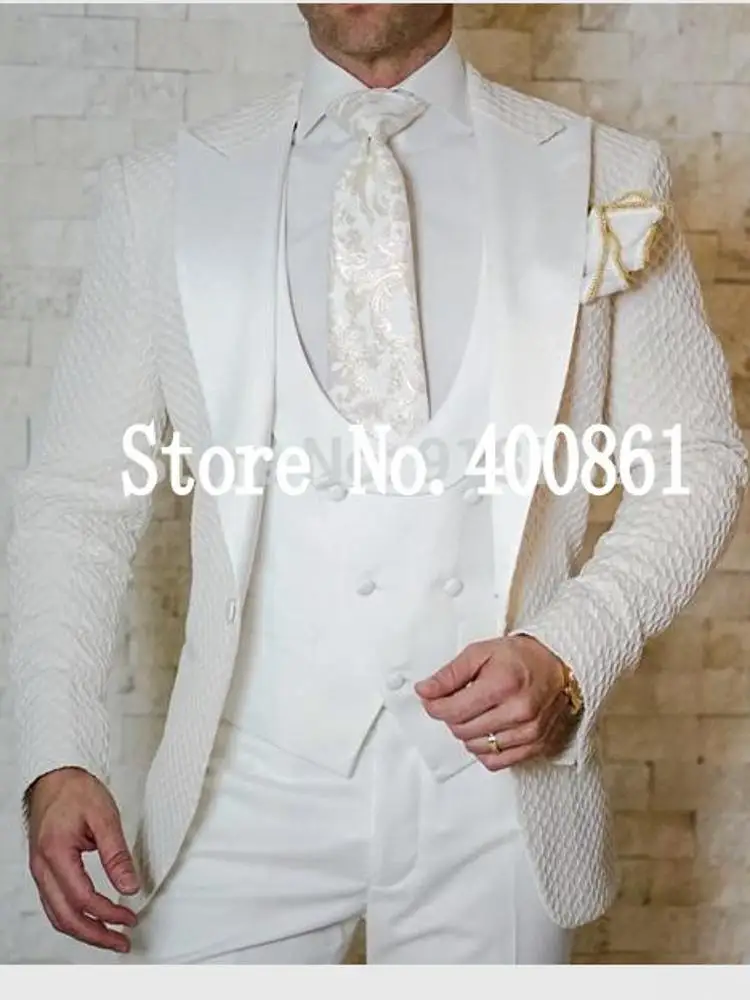 Handsome One Button Ivory Embossing Groom Tuxedos Peak Lapel Mens Party Business Suits Blazers (Jacket+Pants+Vest+Tie) W:1212 | Мужская
