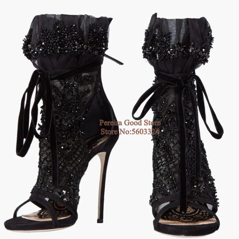 Sexy Black Lace Mesh Ankle Boots String Bead Lace-up High Heel Dress Shoes Peep Toe Cut-out Gladiator Stiletto Heel Wedding Shoe
Sexy Black Lace Mesh Ankle Boots String Bead Lace-up High Heel Dress Shoes Peep Toe Cut-out Gladiator Stiletto Heel Wedding Shoe