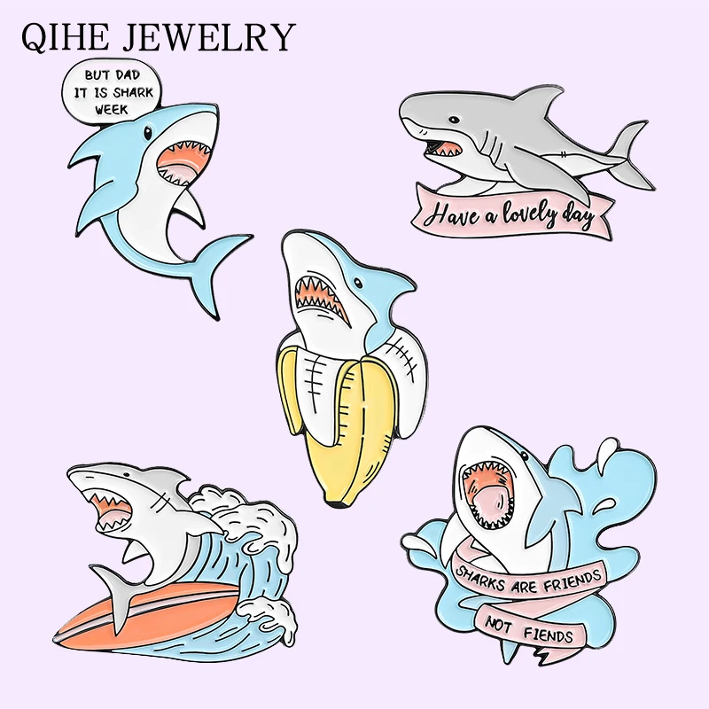 

Cartoon Shark Enamel Pin Custom Shark Banana Surfing Banner Brooches Bag Lapel Pin Fun Animal Badge Jewelry for Friend Wholesale