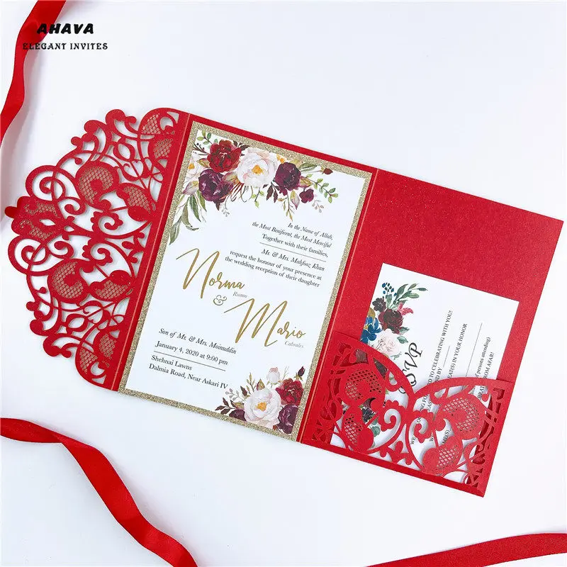 free shipping 50X Laser Cut Tri-fold red Lace floral pocket fold Wedding Invitation Card Invite RSVP Customize envelope
free shipping 50X Laser Cut Tri-fold red Lace floral pocket fold Wedding Invitation Card Invite RSVP Customize envelope