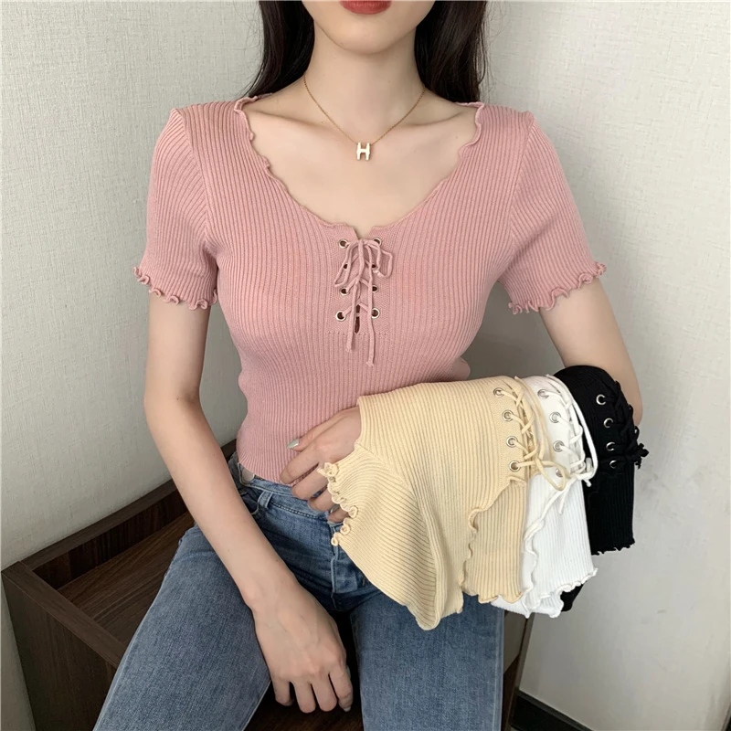Women's T-shirt 2022 Summer Short-sleeved Tie V-neck Thin Korean Version of All-match Short Knit Short-sleeved Top Women's Top
Women's T-shirt 2022 Summer Short-sleeved Tie V-neck Thin Korean Version of All-match Short Knit Short-sleeved Top Women's Top