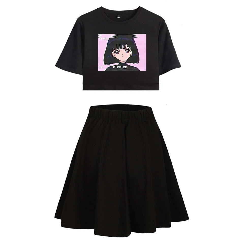 Girls Sweet Pleated Skirts Sets Fashion Women Dew Navel T-shirt Skirt Suit Vaporwave Style Print T-shirt Black Sexy Crop Tops
Girls Sweet Pleated Skirts Sets Fashion Women Dew Navel T-shirt Skirt Suit Vaporwave Style Print T-shirt Black Sexy Crop Tops