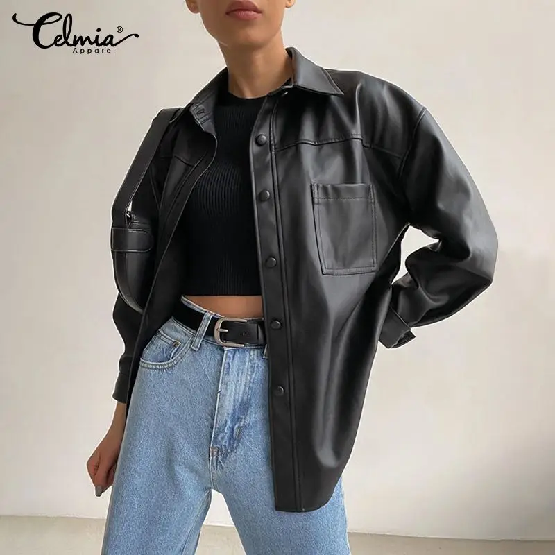 2021 Celmia Autumn PU Leather Jackets Vintage Women Long Sleeve Lapel Coats Fashion Casual Loose Solid Outerwear Streetwear Coat
2021 Celmia Autumn PU Leather Jackets Vintage Women Long Sleeve Lapel Coats Fashion Casual Loose Solid Outerwear Streetwear Coat