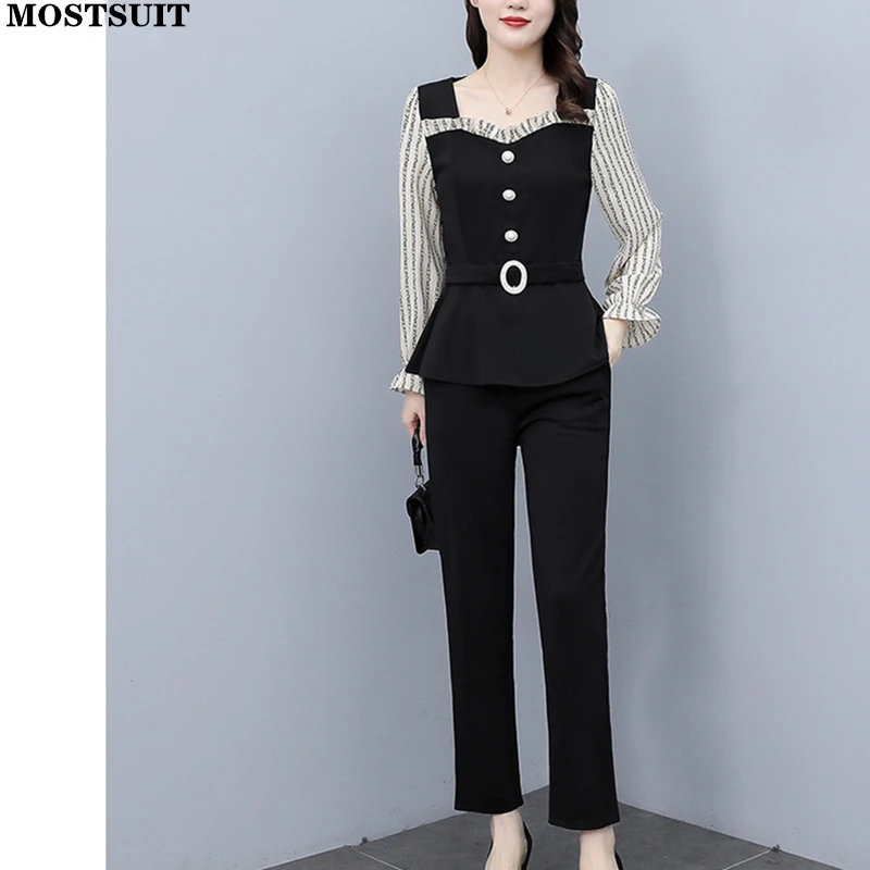Elegant Fashion Two Piece Pant Sets Women Spring Autumn Striped Patchwork Tops & Pants Suits Workwear Chic Ladies Matching Set
Elegant Fashion Two Piece Pant Sets Women Spring Autumn Striped Patchwork Tops & Pants Suits Workwear Chic Ladies Matching Set