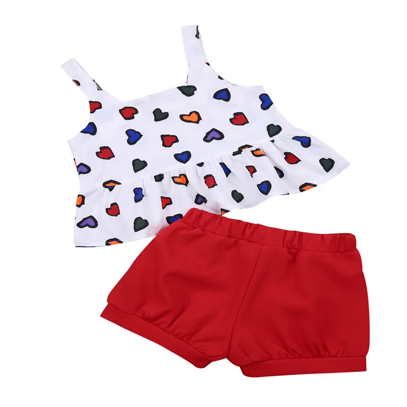 2-7T 2PCS Toddler Girls Summer Clothes, Cute Heart Print Ruffle Strap Tops + Elastic Waist Shorts Set
2-7T 2PCS Toddler Girls Summer Clothes, Cute Heart Print Ruffle Strap Tops + Elastic Waist Shorts Set