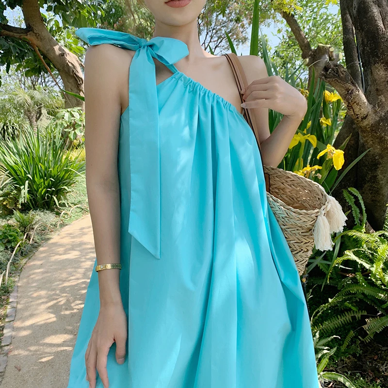 QOERLIN Fashion Blue Dress Women Summer Loose Casual Holiday Skew Collar Temperament Strap Halter Solid Long Bowtie Dress Female
QOERLIN Fashion Blue Dress Women Summer Loose Casual Holiday Skew Collar Temperament Strap Halter Solid Long Bowtie Dress Female