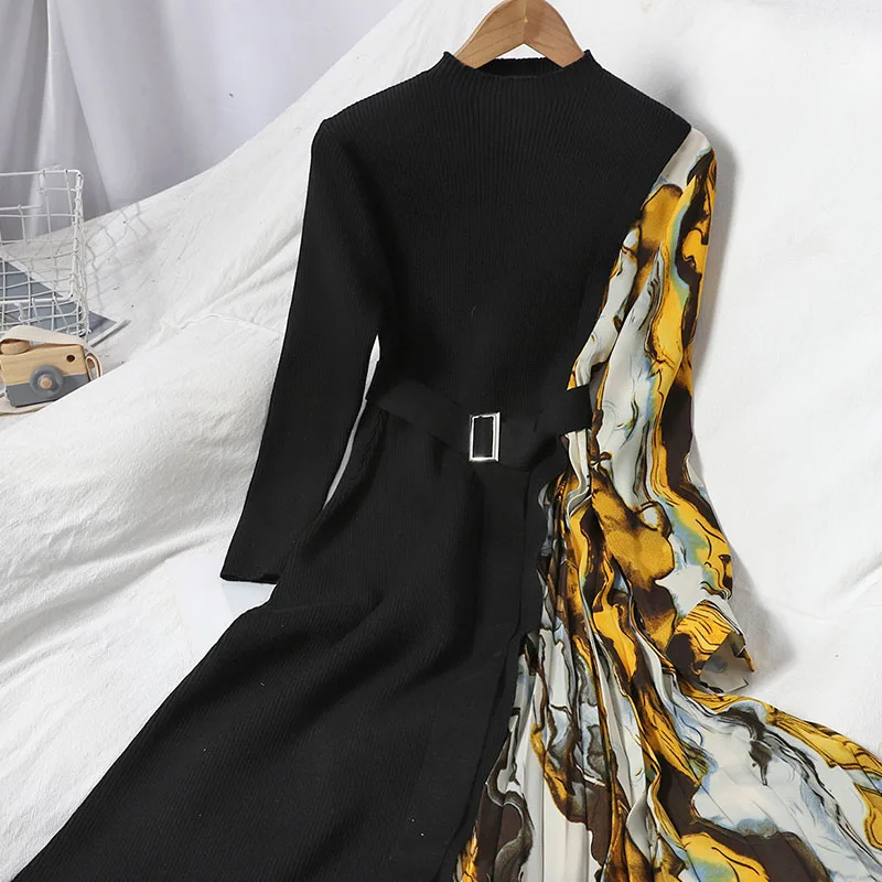 Women Knitting Dress Autumn 2022 Patchwork Chiffon Long Sleeve Sashes Temperament O Collar Korean Gentleness Dresses
Women Knitting Dress Autumn 2022 Patchwork Chiffon Long Sleeve Sashes Temperament O Collar Korean Gentleness Dresses