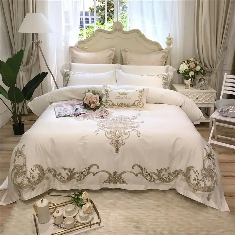 J 4 4/7pcs White Pink Luxury Golden Embroidery 80S Egyptian Cotton Bedding Set King Queen Size Duvet Cover Bed Sheet Pillowcases 
J 4 4/7pcs White Pink Luxury Golden Embroidery 80S Egyptian Cotton Bedding Set King Queen Size Duvet Cover Bed Sheet Pillowcases