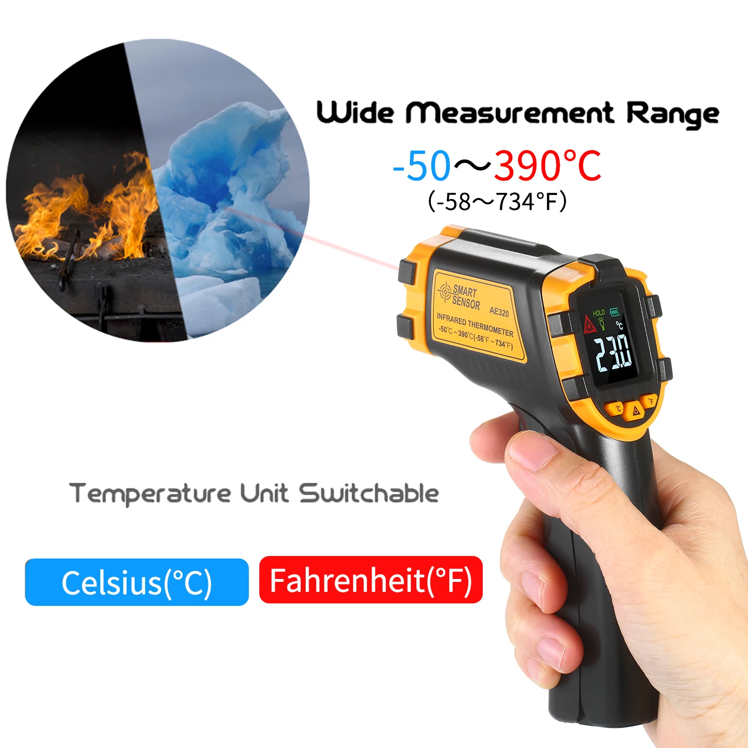 SMART SENSOR -50~390 12:1 Portable Handheld Digital Non-contact IR Infrared Thermometer Temperature Tester Pyrometer Industrial
SMART SENSOR -50~390 12:1 Portable Handheld Digital Non-contact IR Infrared Thermometer Temperature Tester Pyrometer Industrial