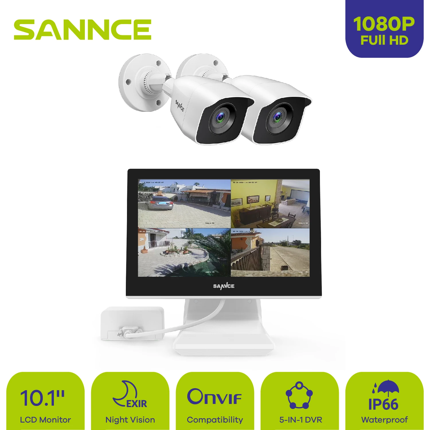 

SANNCE 10"1 LCD Monitor 5in1 4CH DVR with 4PCS 1080P CCTV IP66 Waterproof Indoor Outdoor Security Bullet Camera System White