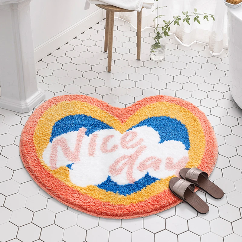 

Heart Shape Bathroom Rug Fluffy Colorful Entrance Carpet Area Floor Pad Tub Side Mat Doormat Aesthetic Home Room Decor 60x65cm