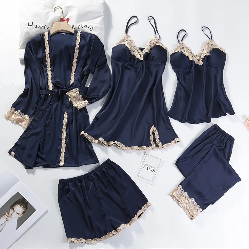 Lace Patchwork 5PCS Sleepwear Nightgown Kimono Bathrobe Gown Satin Lady Nighty&Robe Suit Sexy Home Clothes White Wedding Robe
Lace Patchwork 5PCS Sleepwear Nightgown Kimono Bathrobe Gown Satin Lady Nighty&Robe Suit Sexy Home Clothes White Wedding Robe