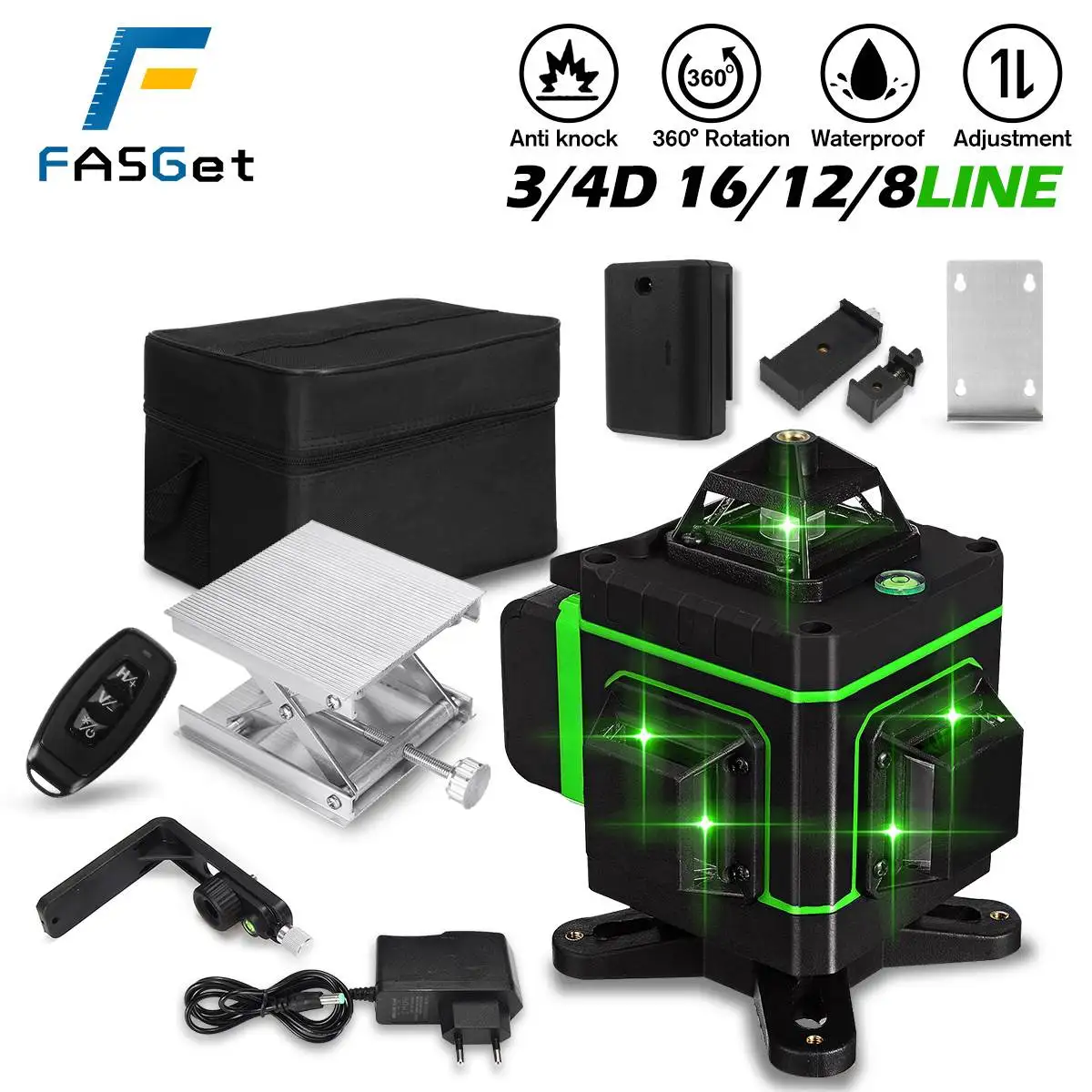 FASGet 4D 16 Lines Laser Level Self-Leveling Wireless Remote 360 Horizontal Vertical Cross Lines With Battery Wall Bracket Laser
FASGet 4D 16 Lines Laser Level Self-Leveling Wireless Remote 360 Horizontal Vertical Cross Lines With Battery Wall Bracket Laser