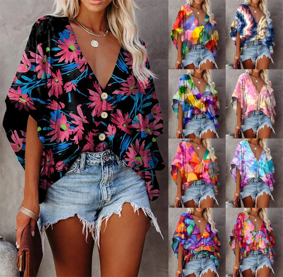 

2021 Loose Shirts Women new V-neck bat sleeve digital printing top Urban leisure Tunic Tees