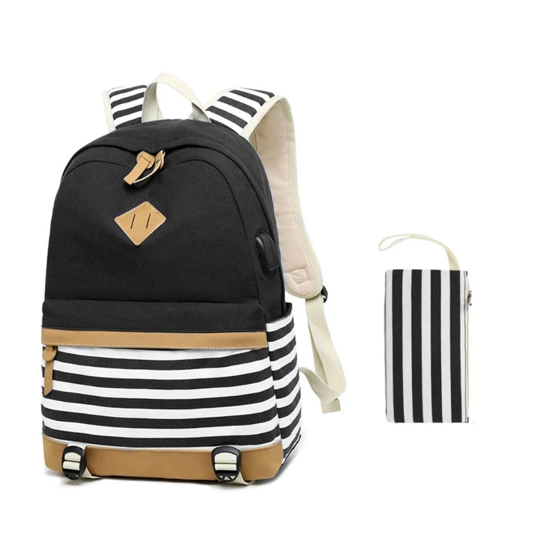 

Легкий холщовый рюкзак, милый школьный рюкзак в полоску, сумка для книг для девочек-подростков с USB-портом для зарядки