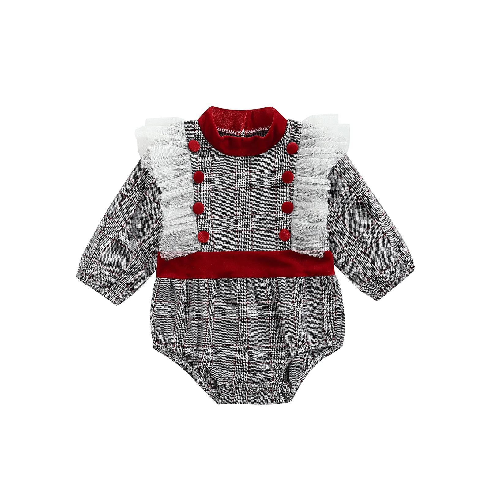 Baby Girls Casual Romper, Grey Plaid Printed Pattern Long Sleeve Round Collar Lace Hem
Baby Girls Casual Romper, Grey Plaid Printed Pattern Long Sleeve Round Collar Lace Hem
