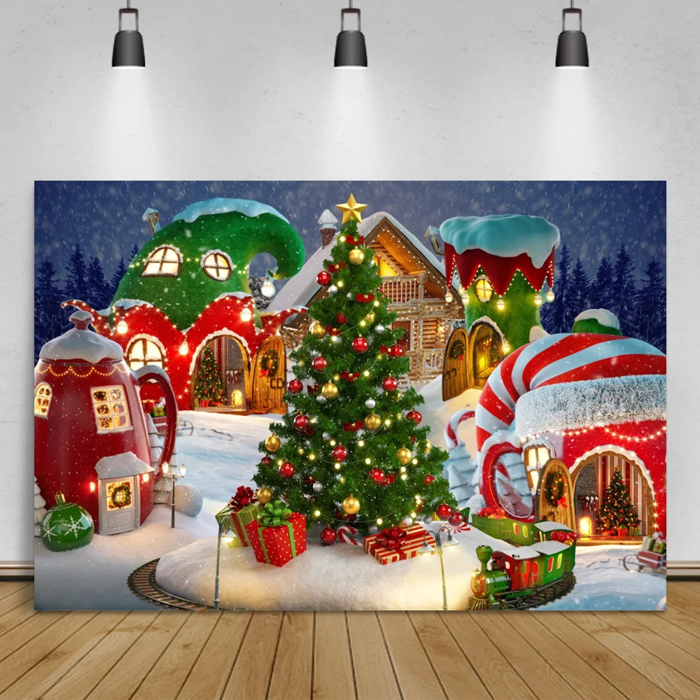 

Laeacco сказочный город Рождественская елка ребенок портрет фотосессия зима снег ночь живописный фотографический фон Фото фоны