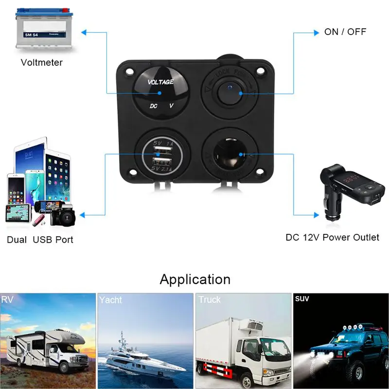 Dual USB Car Charger Adapter Cigarette Lighter Socket LED Digital Voltmeter Switch 12V Socket 4 Hole Switch Panel
Dual USB Car Charger Adapter Cigarette Lighter Socket LED Digital Voltmeter Switch 12V Socket 4 Hole Switch Panel
