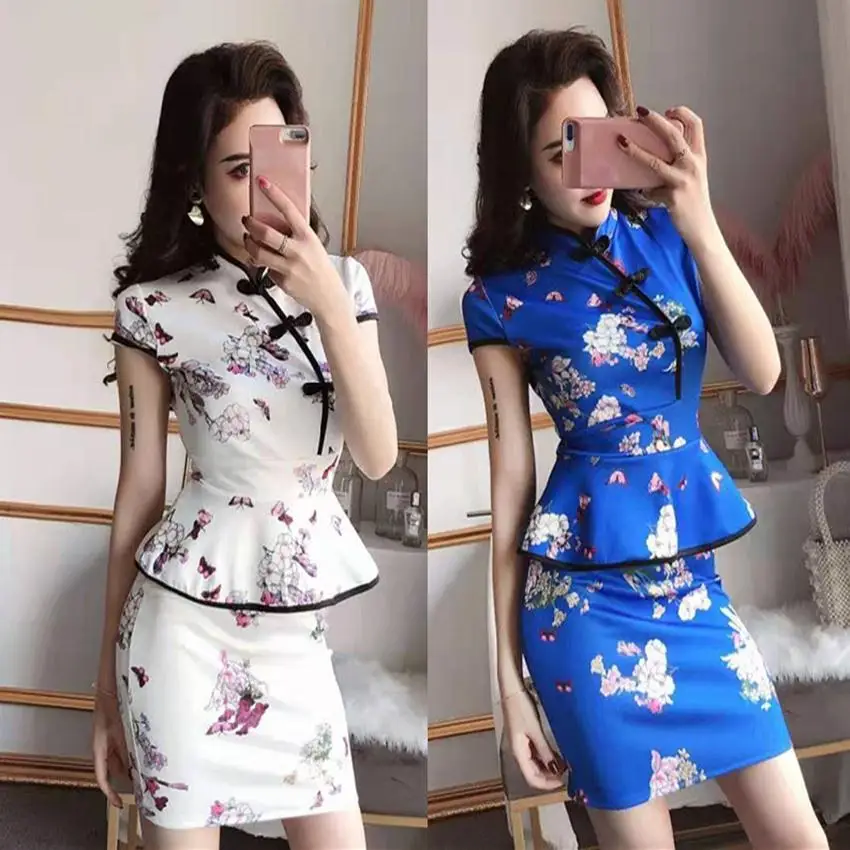 Summer retro short sleeve modified cheongsam sexy hip wrap short skirt fake two piece dress
Summer retro short sleeve modified cheongsam sexy hip wrap short skirt fake two piece dress