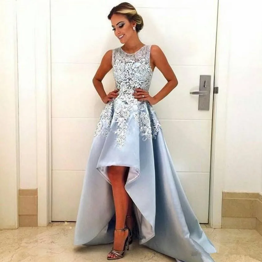 Cheap High Low Prom Dresses Light Sky Blue 2020 Custom Made Lace Sleeveless A-Line Satin Special Occasion Dress Evening Gown
Cheap High Low Prom Dresses Light Sky Blue 2020 Custom Made Lace Sleeveless A-Line Satin Special Occasion Dress Evening Gown