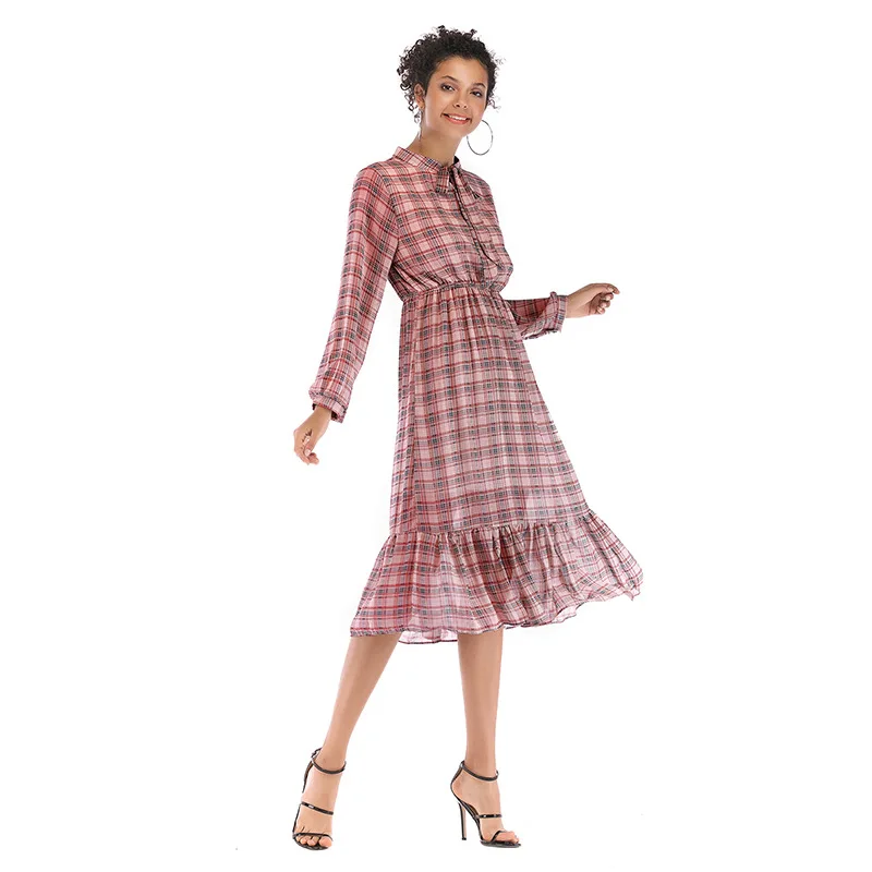 Spring European and American women's long sleeves plaid round collar bow flounce dress women
Spring European and American women's long sleeves plaid round collar bow flounce dress women