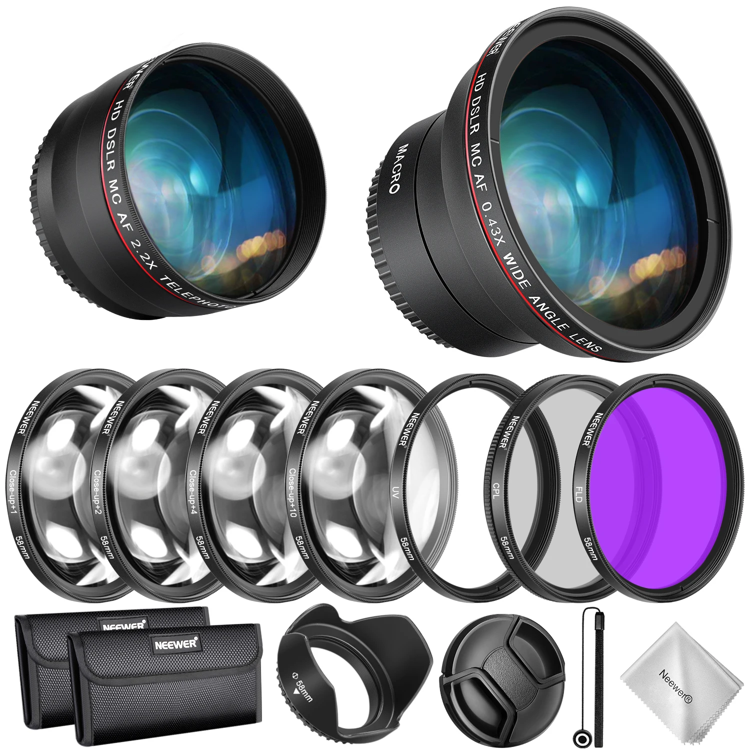 

Neewer 55/58mm Lens and Filter Accessory Kit for Nikon AF-P DX 18-55mm:0.43X Wide Angle Lens,2.2XTelephoto Lenses,UV/CPL/FLD