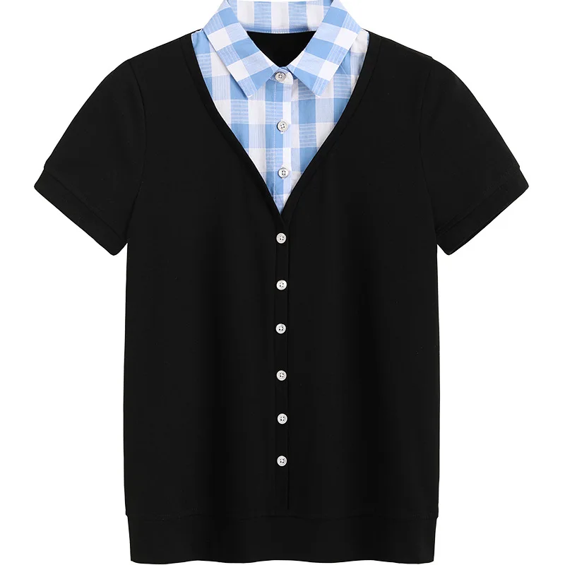 2021 spring summer t-shirts female fashion fake two grid lapel buttons high quality cotton trend in Europe and America
2021 spring summer t-shirts female fashion fake two grid lapel buttons high quality cotton trend in Europe and America