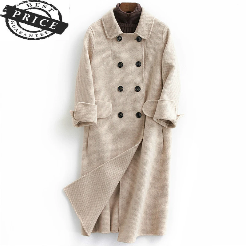 

Autumn Winter Wool Coat Women Double Breasted Coats Female Alpaca Long Jackets Sided Woolen Spring Pink Overcoat LWL1315