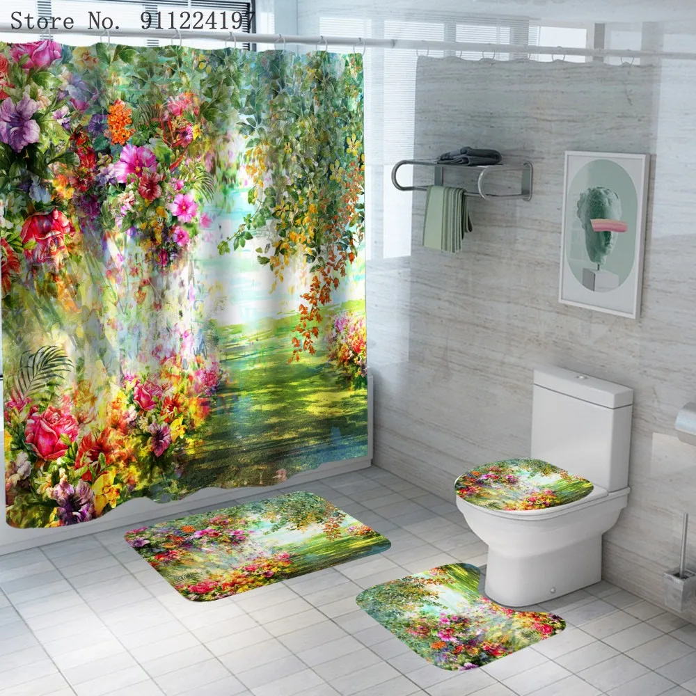 4 Piece Bright Flowers In The Garden Shower Curtain Floral Bathroom Curtain Bath Carpet Toilet Cover Bath Mat Pad Set Home Decor
4 Piece Bright Flowers In The Garden Shower Curtain Floral Bathroom Curtain Bath Carpet Toilet Cover Bath Mat Pad Set Home Decor