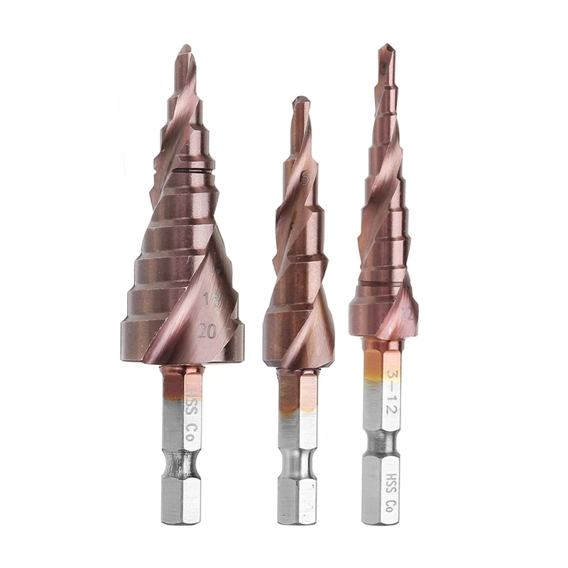 3Pcs M35 Cobalt Step Drill Bit 3-12/4-12/4-20Mm Step Drill Cutter Pagoda Shape Hole Cutter 1/4 Inch Hex Shank
3Pcs M35 Cobalt Step Drill Bit 3-12/4-12/4-20Mm Step Drill Cutter Pagoda Shape Hole Cutter 1/4 Inch Hex Shank