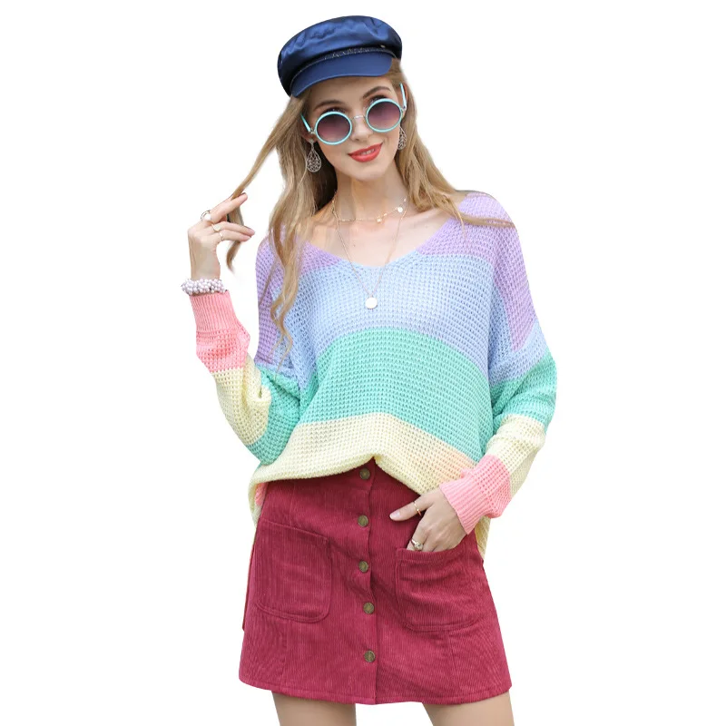 2021 new European and American plus size women's loose V-neck sweater rainbow color spell color pullover sweater
2021 new European and American plus size women's loose V-neck sweater rainbow color spell color pullover sweater