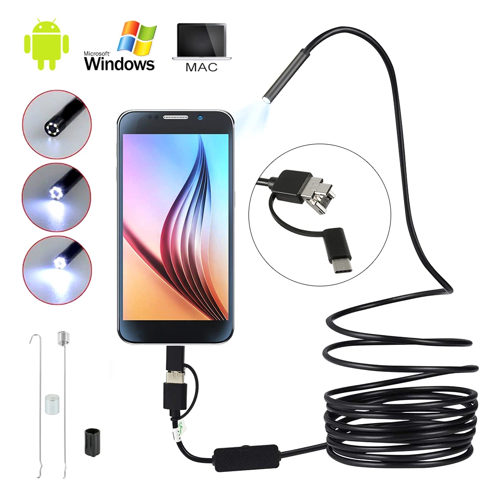 

3 In 1 Mini Endoscope Camera IP67 Waterproof 5.5mm 1-10M USB Endoscope Borescope Inspection Camera with 6 LEDs for Android PC