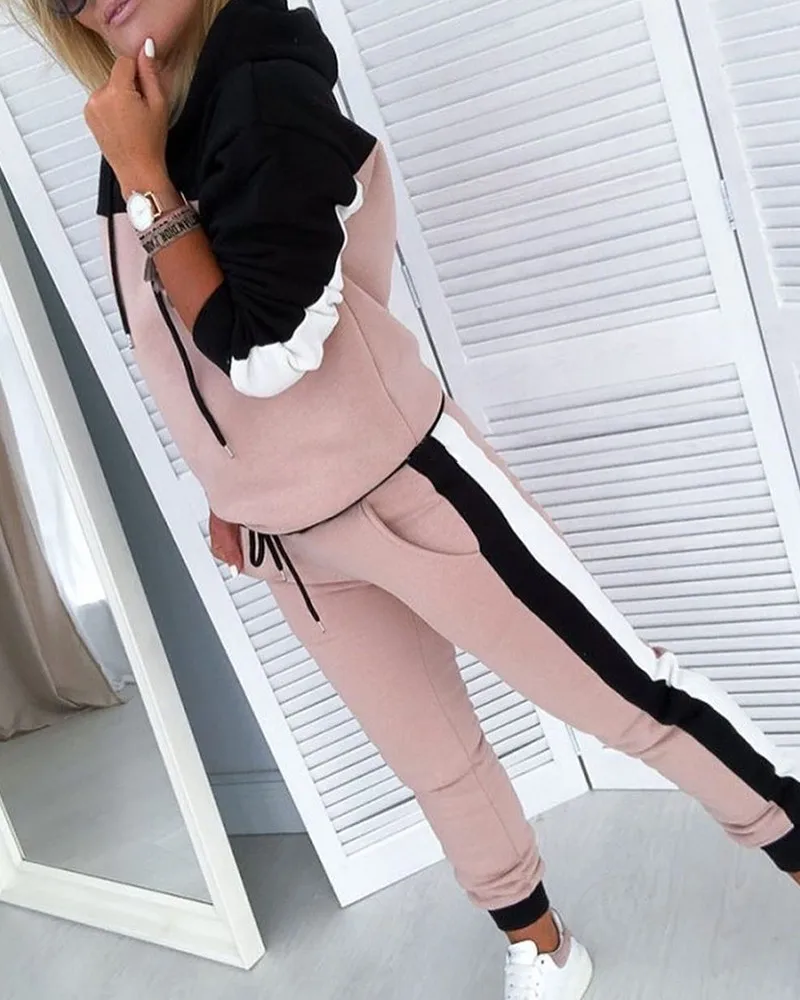 

Women Two Piece Matching Sets Colorblock Drawsting Design Hooded Top & Slinky Pant Sets