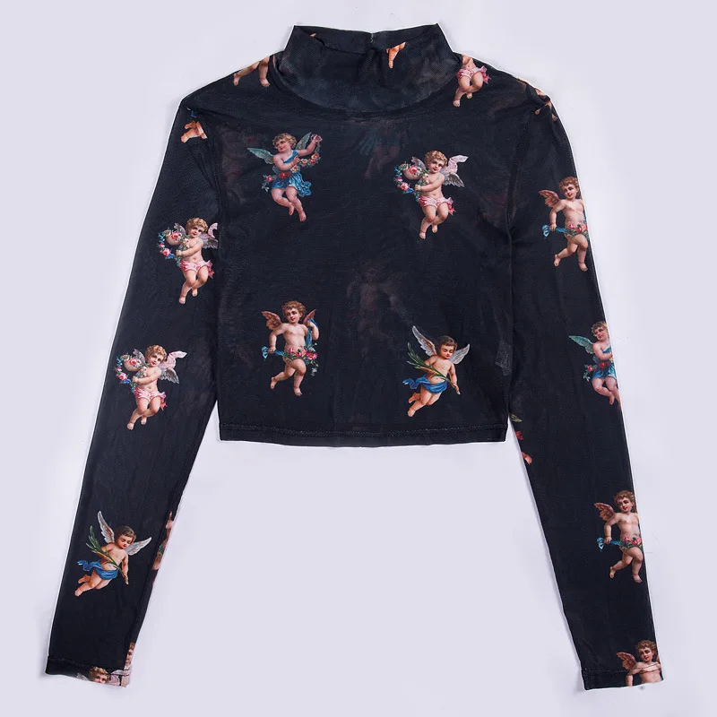 Women Crop Top Long Sleeve Little Angel Net Gauze Print Autumn Tshirt Tops Cupid High Neck Midriff Club Party Streetwear
Women Crop Top Long Sleeve Little Angel Net Gauze Print Autumn Tshirt Tops Cupid High Neck Midriff Club Party Streetwear