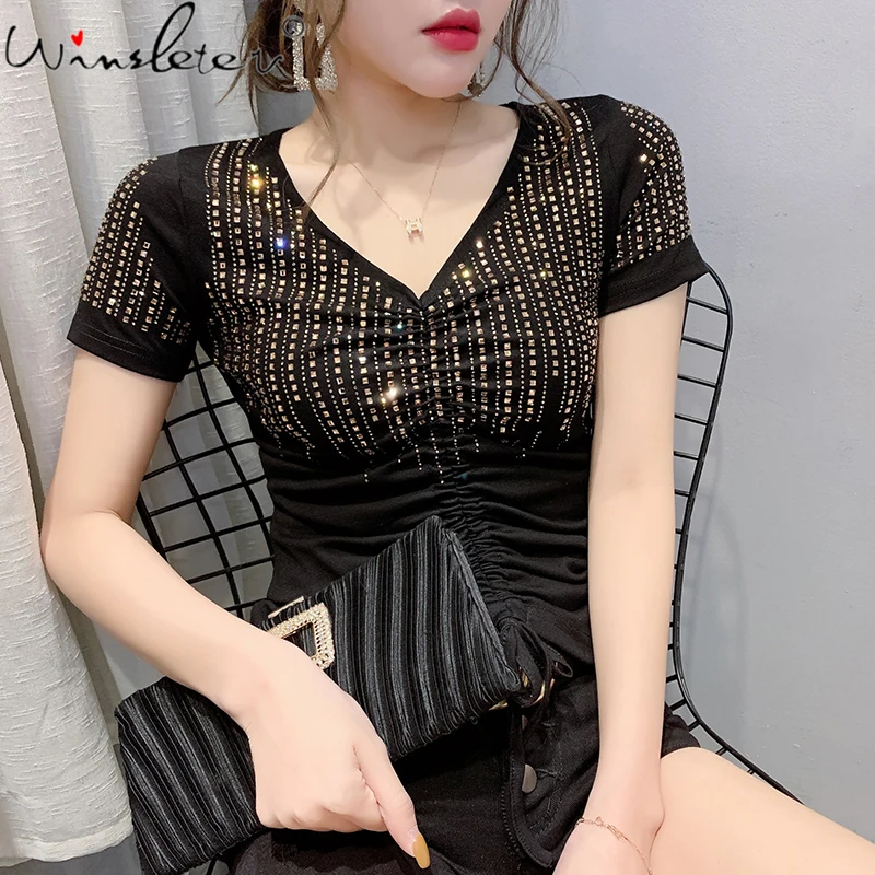 Summer European Clothes Cotton T-Shirt Fashion Fold V-Neck Shiny Diamonds Rivet Lace Up Women Tops Short Sleeve Tees New T15219A
Summer European Clothes Cotton T-Shirt Fashion Fold V-Neck Shiny Diamonds Rivet Lace Up Women Tops Short Sleeve Tees New T15219A