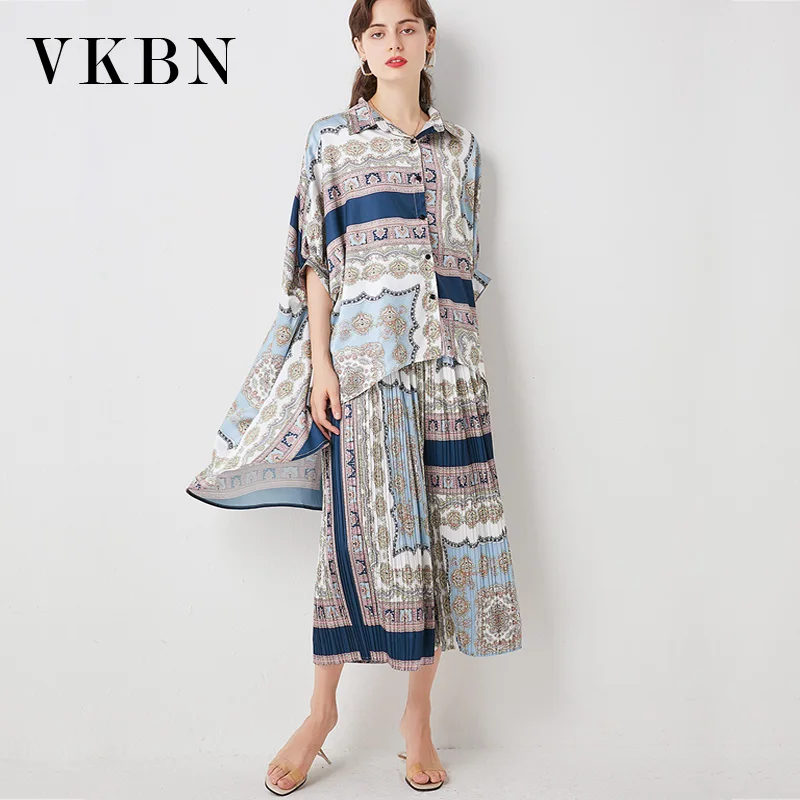 

VKBN Spring Summer Two Piece Set Top and Pants Plus Size Batwing Sleeve Elastic Wais Print Straight Trousers Suit