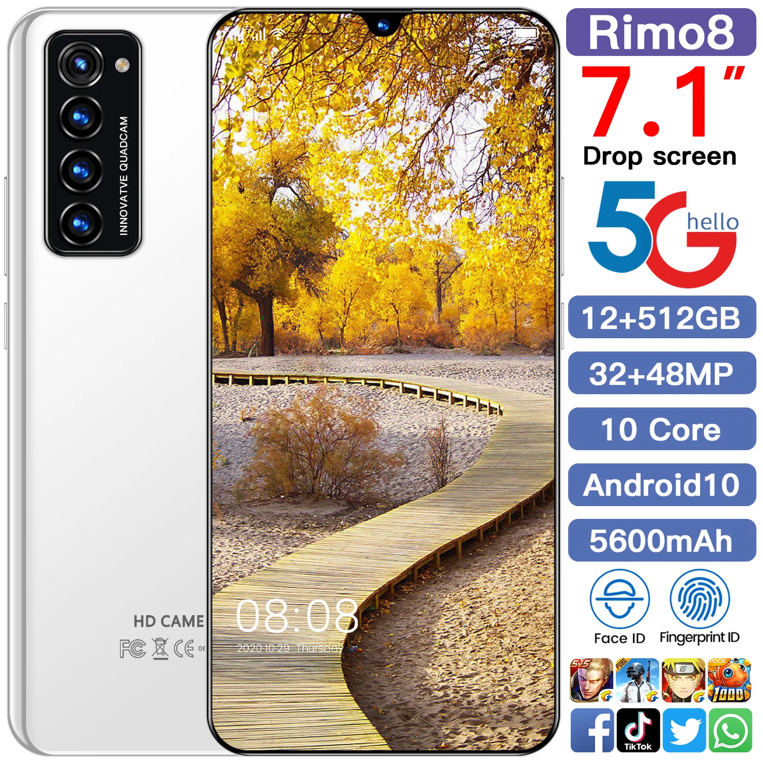 Rimo8 Smartphone 7.1Inch Full Screen 10 Core CPU 5600mAh 12GB 512GB 5G Intelligent wake-up, face recognition, fingerprint unlock
Rimo8 Smartphone 7.1Inch Full Screen 10 Core CPU 5600mAh 12GB 512GB 5G Intelligent wake-up, face recognition, fingerprint unlock