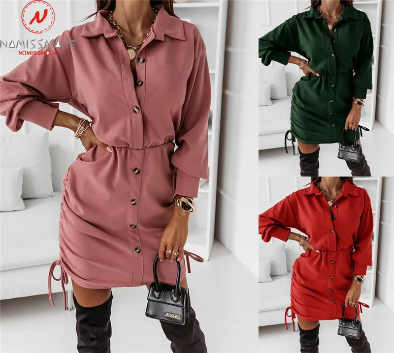 Women Solid Color Pencil Dress Srawstring Shrinkage Design Button Decor Turn-down Collar Long Sleeve Elastic Waist Slim Dress
Women Solid Color Pencil Dress Srawstring Shrinkage Design Button Decor Turn-down Collar Long Sleeve Elastic Waist Slim Dress