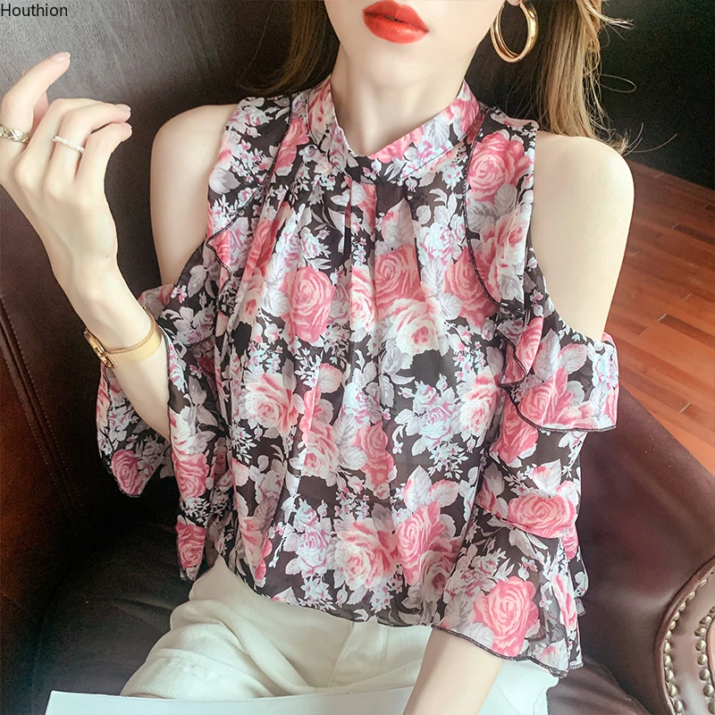 Chiffon Slim Women blouses new Casual fashion blouse Floral Stand-up collar shirts Ruffle Off-the-shoulder Summer shirt houthion
Chiffon Slim Women blouses new Casual fashion blouse Floral Stand-up collar shirts Ruffle Off-the-shoulder Summer shirt houthion