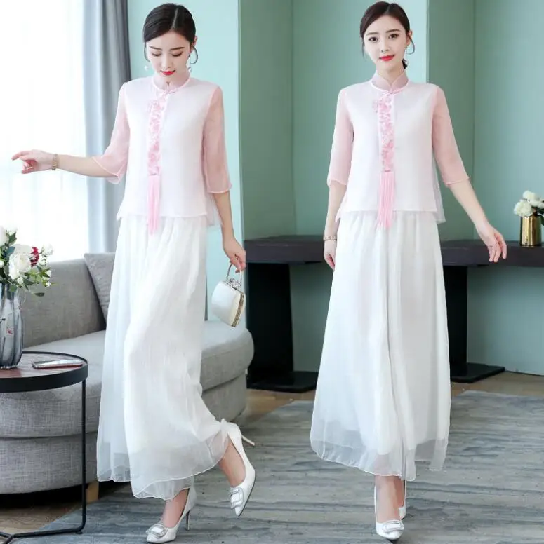 Summer Two pieces suit of new summer Han tang suit improved girl's cheongsam vintage ethnic casual daily chiffon wide leg pants
Summer Two pieces suit of new summer Han tang suit improved girl's cheongsam vintage ethnic casual daily chiffon wide leg pants