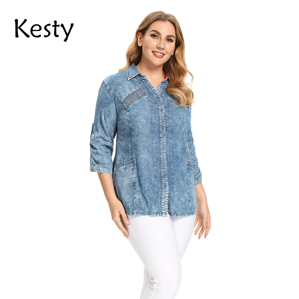 Фото KESTY для женщин размера плюс комплект одежды: джинсовая рубашка Весенняя