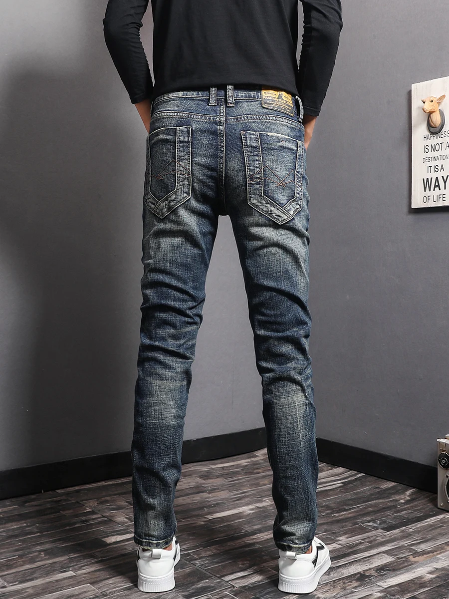 Fashion Streetwear Men Jeans Retro Dark Blue Denim Ripped Trousers Slim Fit Elastic Patchwork Vintage Designer Cotton Pants
Fashion Streetwear Men Jeans Retro Dark Blue Denim Ripped Trousers Slim Fit Elastic Patchwork Vintage Designer Cotton Pants