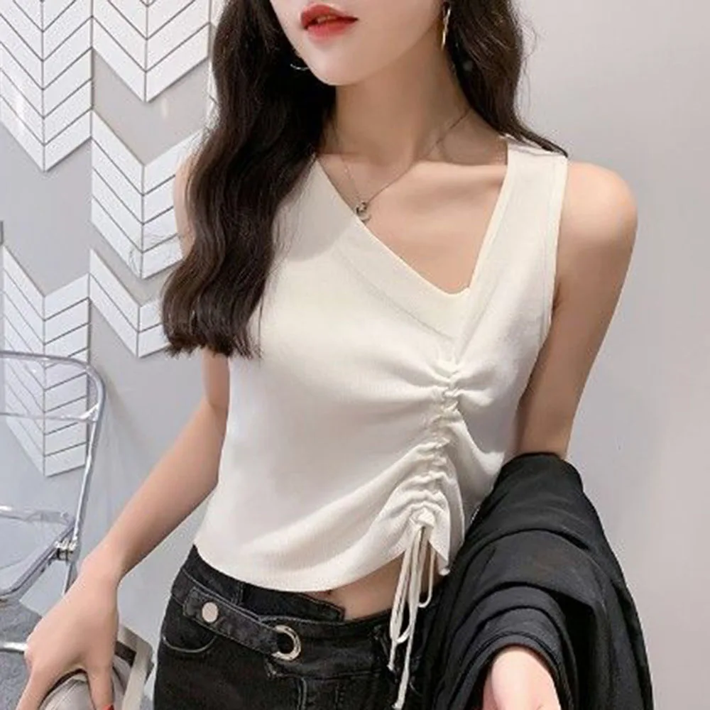 

2021 New Retro V-neck New Product Tight-fitting Design Sense Irregular Drawstring Vest Women's Trendy Shoulder Digging Sling