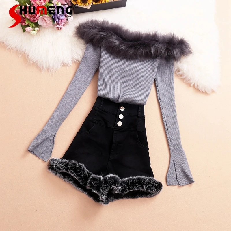 Женский зимний костюм, женская одежда, вязаные топы с открытыми плечами из лисьего меха, элегантный костюм с пушистыми шортами с высокой тал...
Женский зимний костюм, женская одежда, вязаные топы с открытыми плечами из лисьего меха, элегантный костюм с пушистыми шортами с высокой тал...