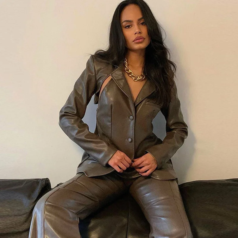 Fashion PU Leather Blazers Woman Clothes Autumn Winter Backless Jacket Coat Outerwear Office Lady Solid Brown Slim Suit Blazer
Fashion PU Leather Blazers Woman Clothes Autumn Winter Backless Jacket Coat Outerwear Office Lady Solid Brown Slim Suit Blazer